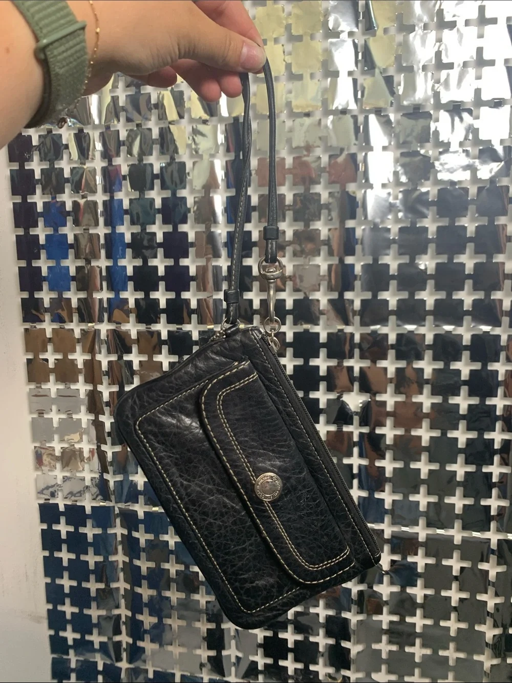 Coach Black Leather Wristlet with Contrast Stitching